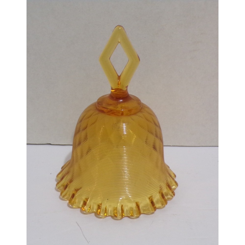 Fenton Art Glass Amber Textured Bell w/Ruffled Edges Diamond Shape Handle
